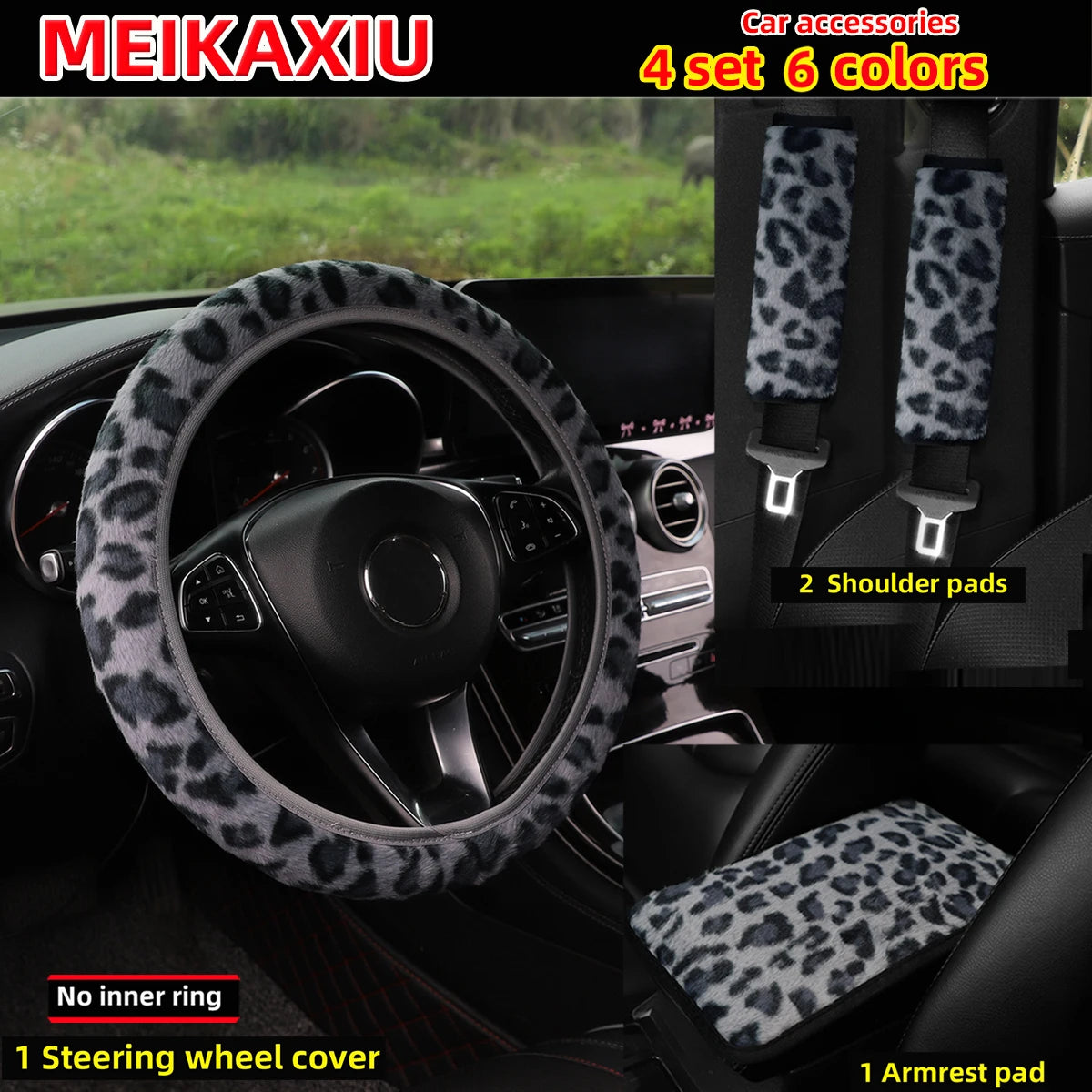 A set of four leopard print shoulder pads and one steering wheel cover for a car interior.