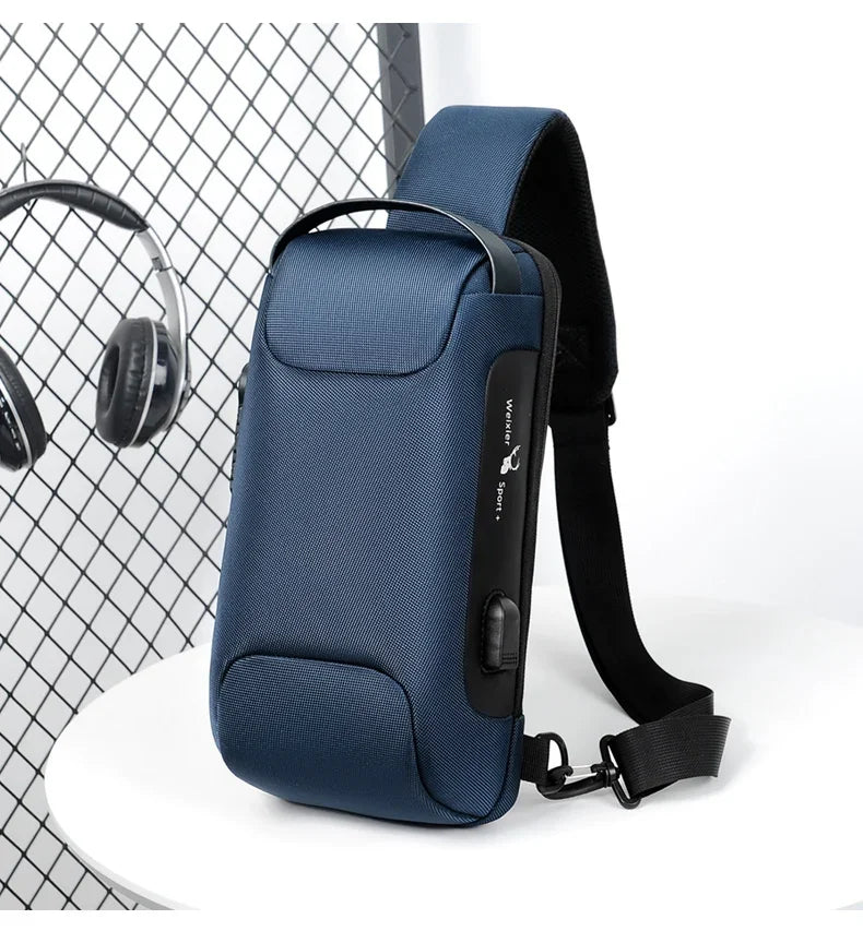 Bolso cruz para hombre azul oscuro multifuncional antirrobo con correa negra