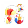 A set of soft plush hanging baby toys featuring yellow and red animal shapes.