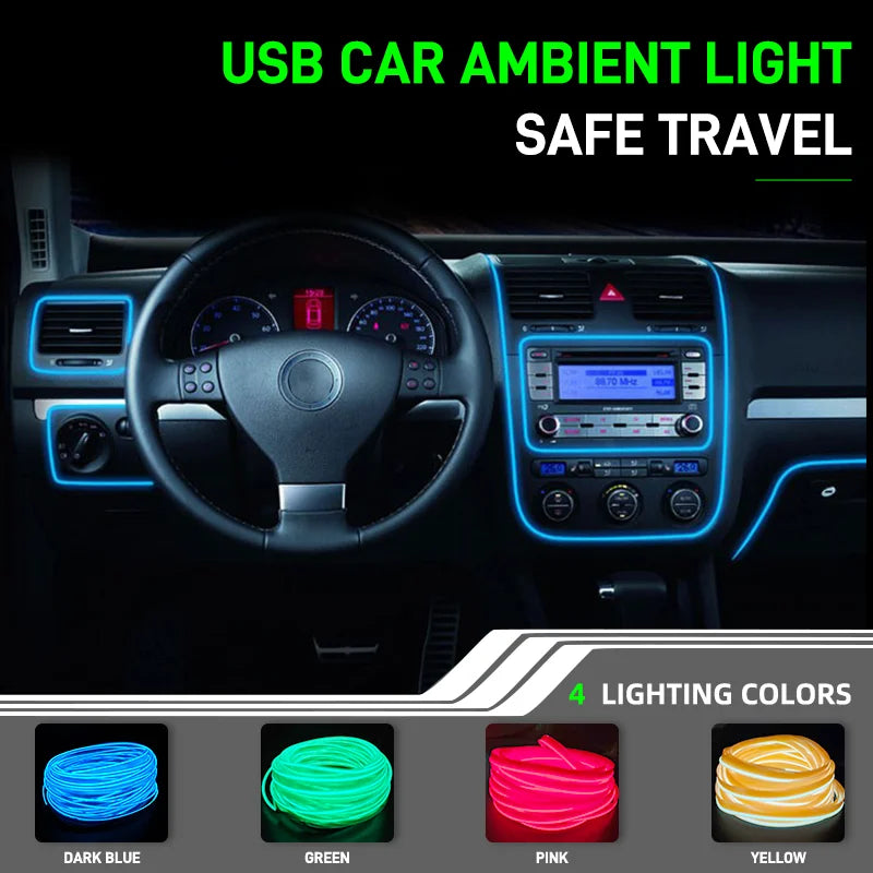 Flexible USB LED neon strips providing ambient lighting for a car interior dashboard and steering wheel.