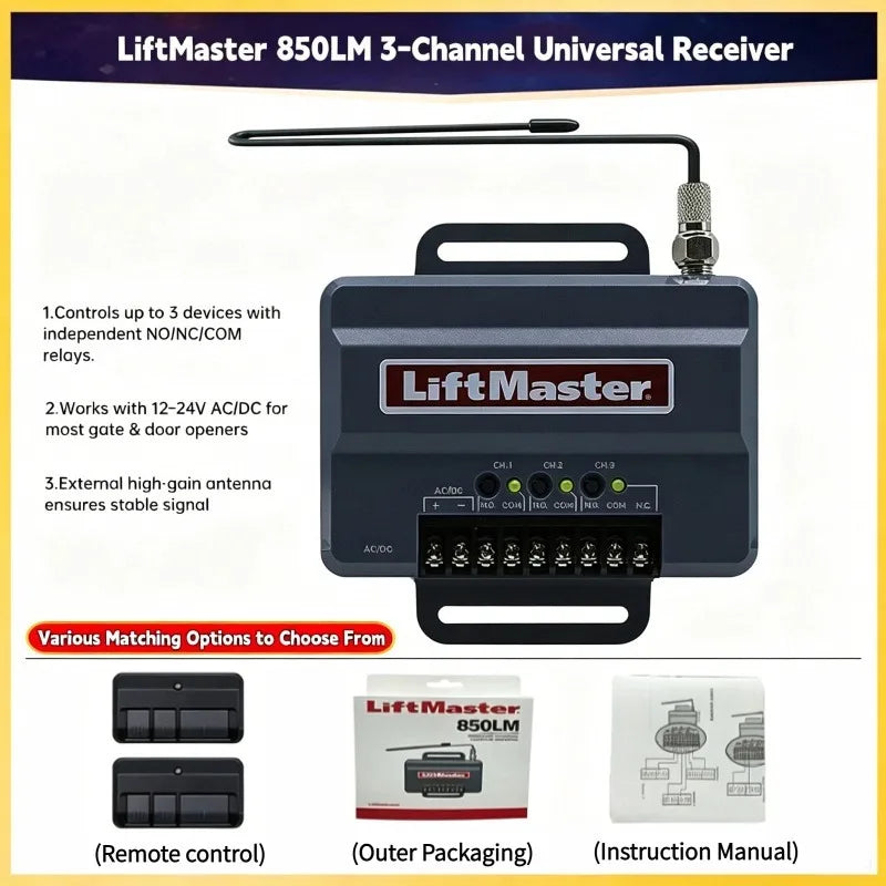 LiftMaster 850LM 3-Channel Universal Receiver with various matching options and accessories