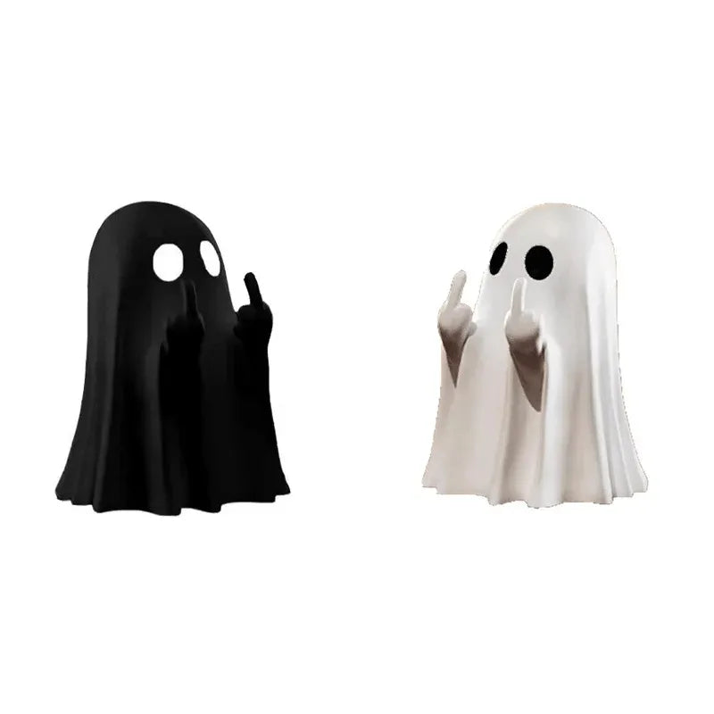 A resin statue of a ghost with a black hood and a white version with a white hood.
