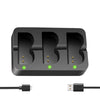 A black battery pack with three slots for video doorbells and cameras, shown next to a connector cable.