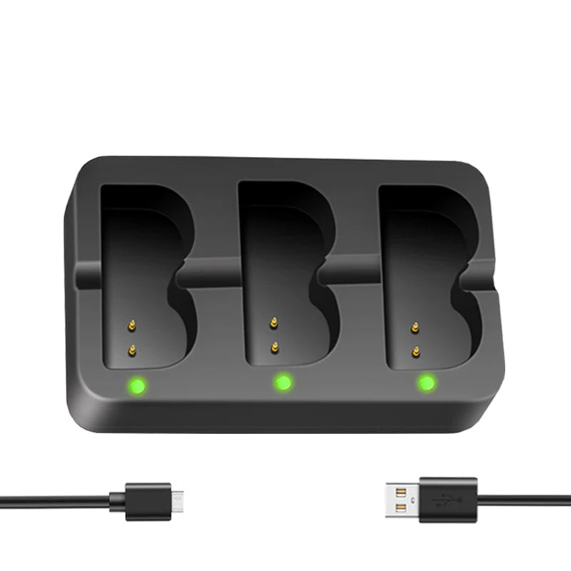 A black battery pack with three slots for video doorbells and cameras, shown next to a connector cable.