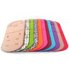 A row of colorful, soft, breathable stroller seat cushions in various solid and patterned designs.