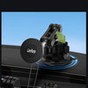 A black magnetic car phone mount with a strong suction cup base is shown next to a barbell.