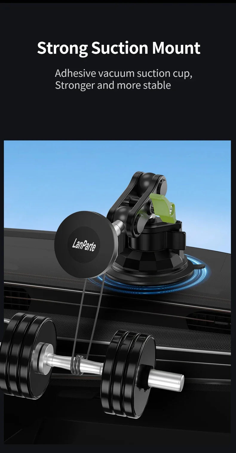 A black magnetic car phone mount with a strong suction cup base is shown next to a barbell.