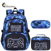 Blue and black electric lightning themed backpack set including a lunch bag and pencil case