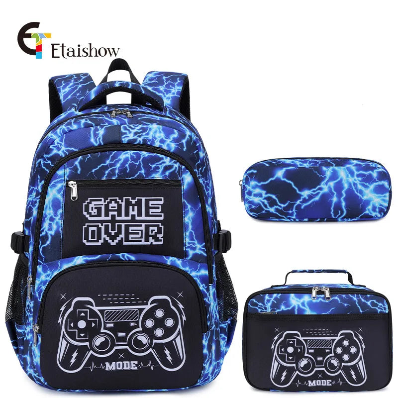 Blue and black electric lightning themed backpack set including a lunch bag and pencil case