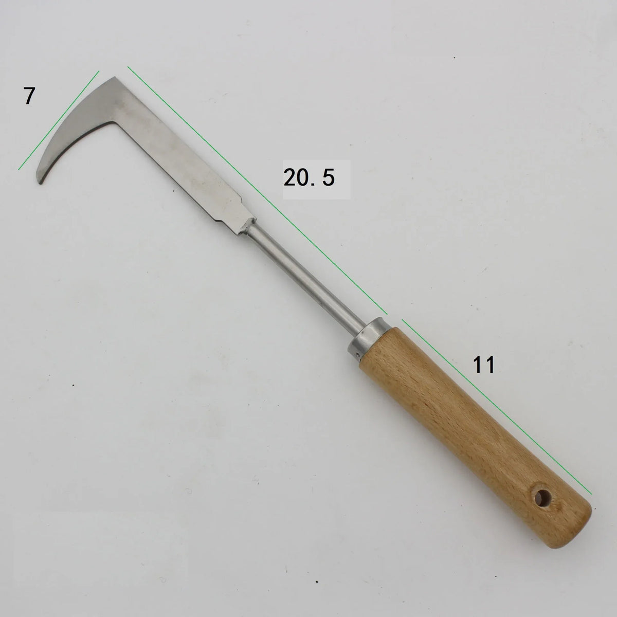 A carbon steel manual weeding tool set featuring a sickle, weeder, and hand shovel with wooden handles.