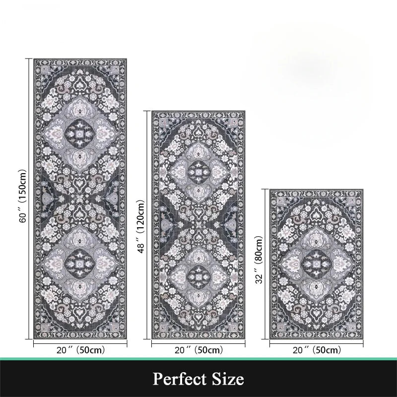 A set of three rectangular Bohemian non-slip kitchen rugs in varying sizes and patterns.