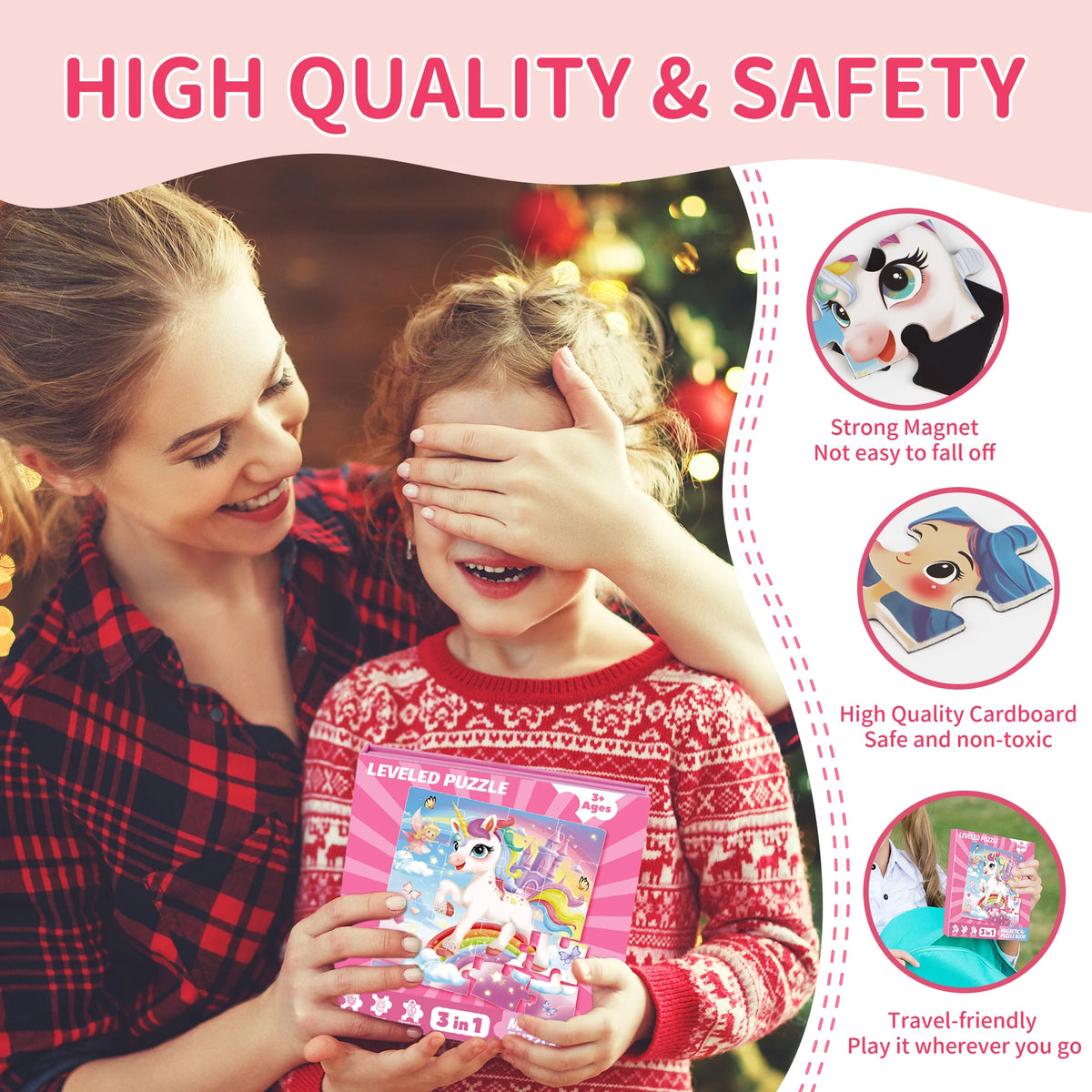 A woman and a girl are playing with a unicorn and mermaid princess magnetic puzzle for girls.