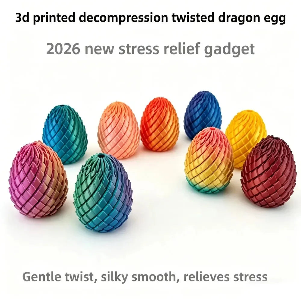 A collection of 3D printed twisted dragon eggs in various colors including blue, orange, yellow, and purple.