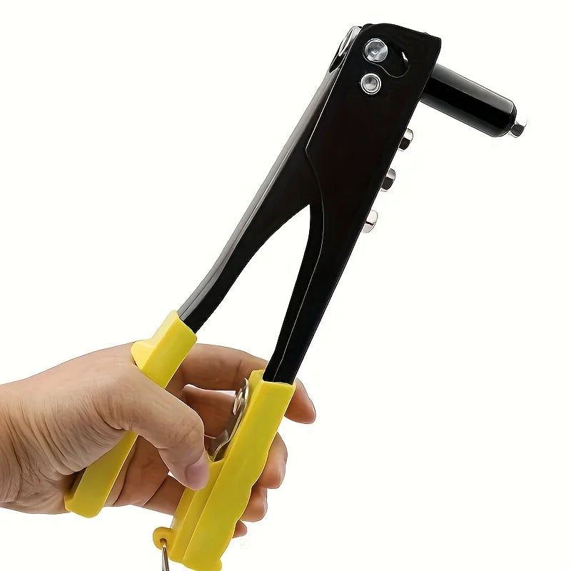 A hand holds a black heavy-duty pop rivet gun kit with a yellow handle and rivet tool.