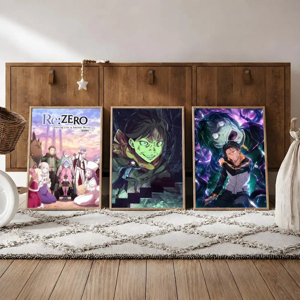 A set of three posters featuring characters from Re:Zero displayed on a wooden shelf.
