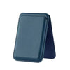 A dark blue magnetic leather wallet case with a kickstand for an iPhone.
