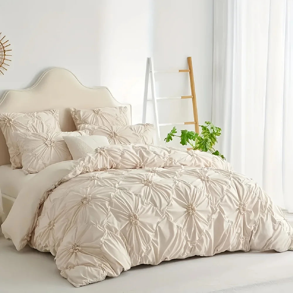 Beige Three-Dimensional Floral Duvet Cover Set
