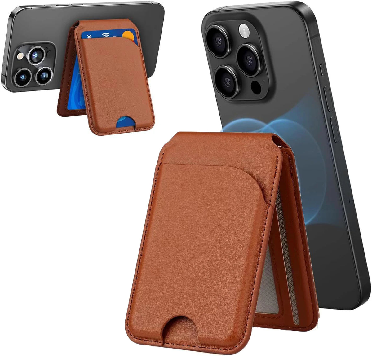 Braunes Leder-Magnet-Wallet und Handy-Ständer-Zubehör neben einem iPhone.