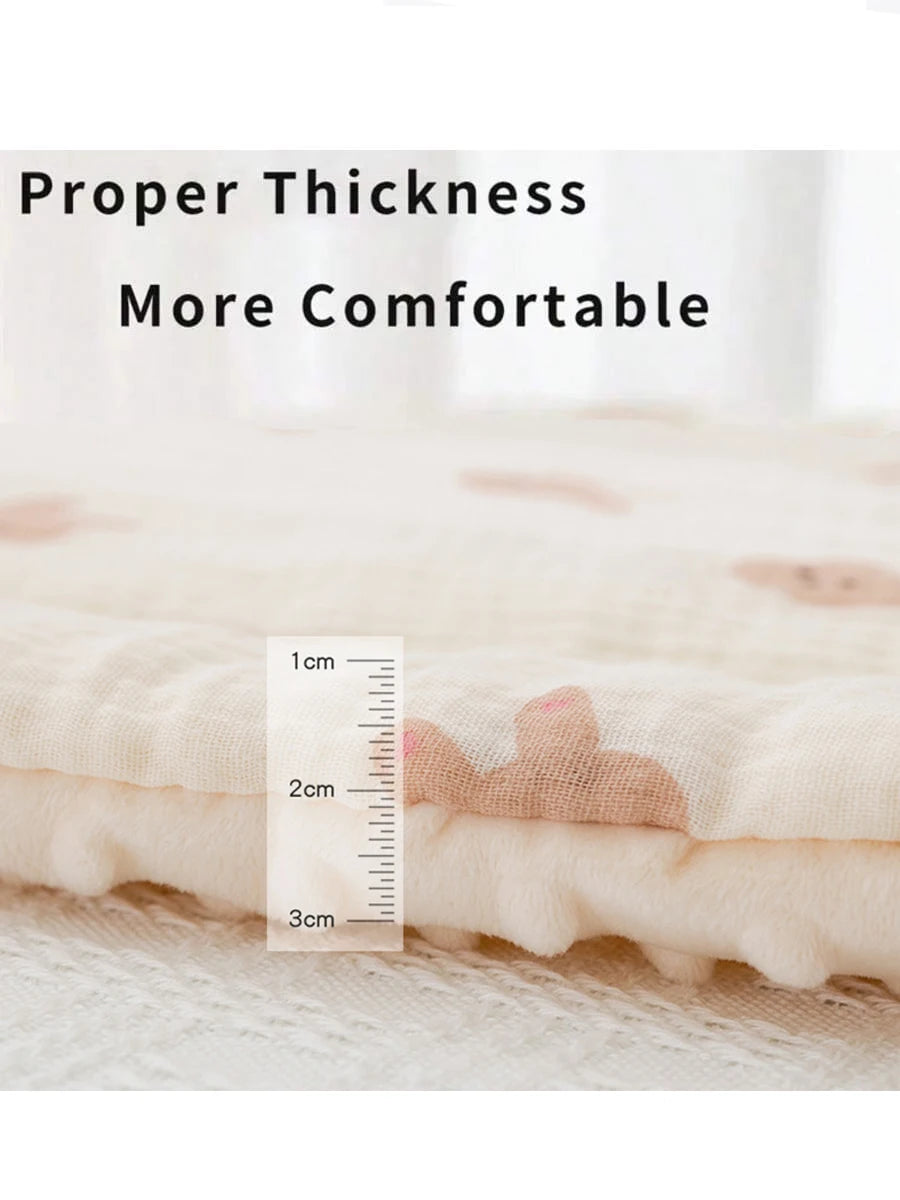 A close-up of a thick, padded fabric cushion demonstrating its thickness with a ruler for measurement.