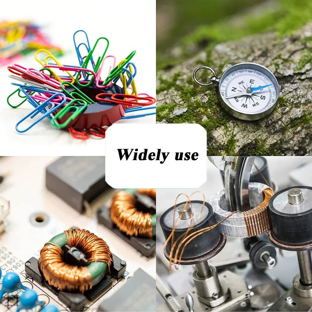 A ceramic ring magnet with a center hole is shown next to a compass and various electronic components.