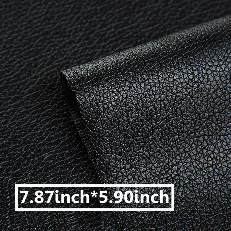 A close-up of a black leather material showing a textured surface and a folded patch measuring 7.87 inches by 5.90 inches.