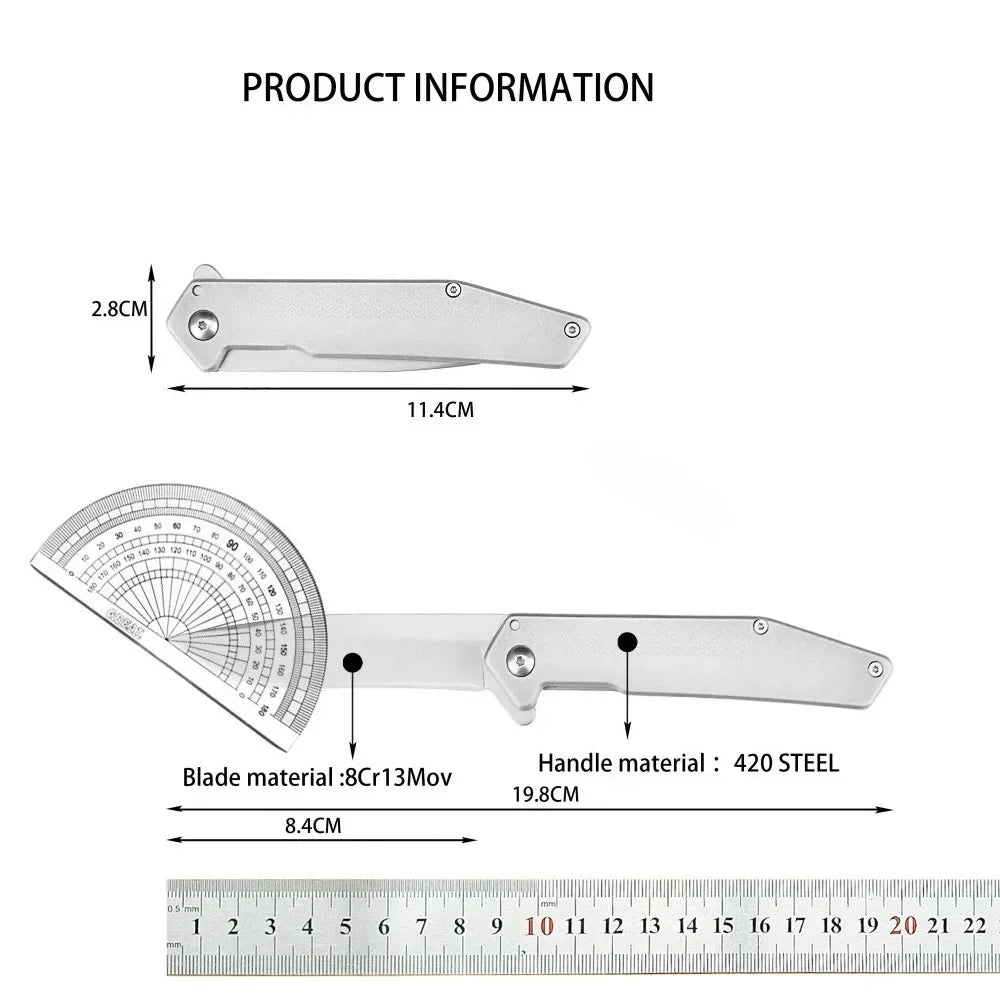 A silver compact folding pocket knife showing its blade, handle, and scale for size reference.
