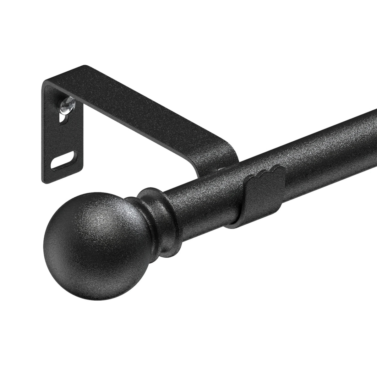 Matte black decorative curtain rod with a spherical finial and mounting bracket