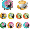 A set of nine colorful diamond art coasters featuring cats and flowers with a metal stand.
