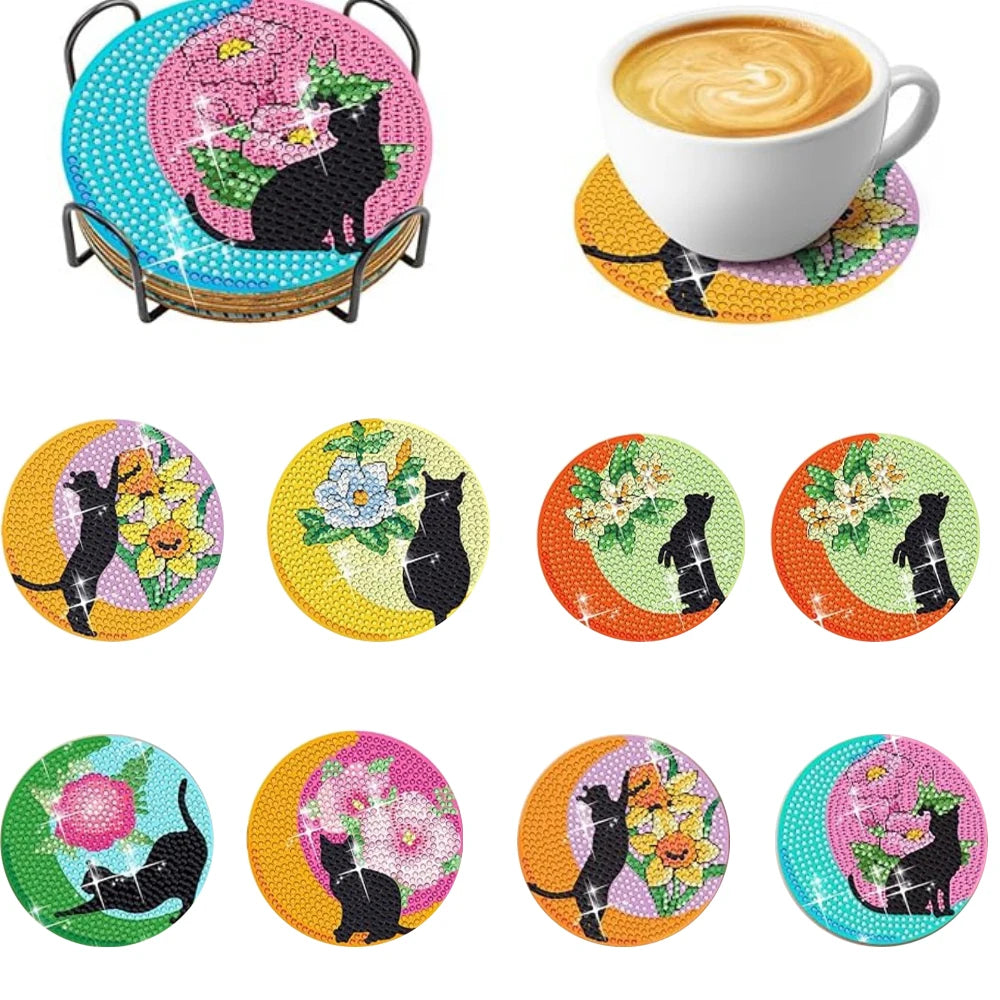 A set of nine colorful diamond art coasters featuring cats and flowers with a metal stand.