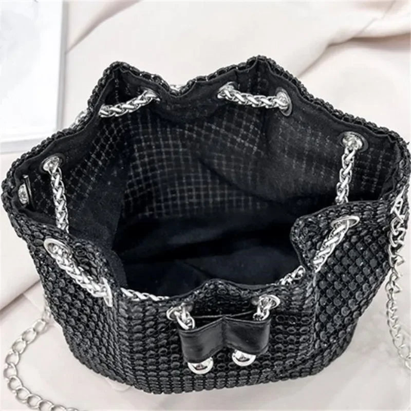 Rhinestone Bucket Crossbody Bag with Detachable Chain Strap