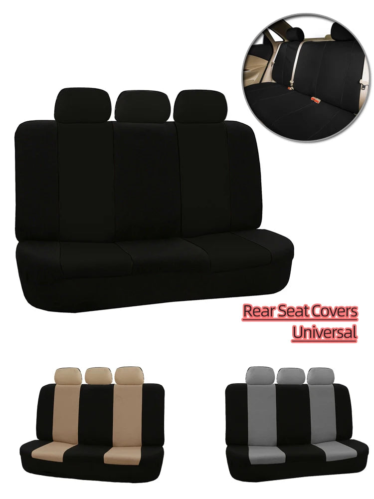 Black and beige universal rear bench seat covers for vehicles.