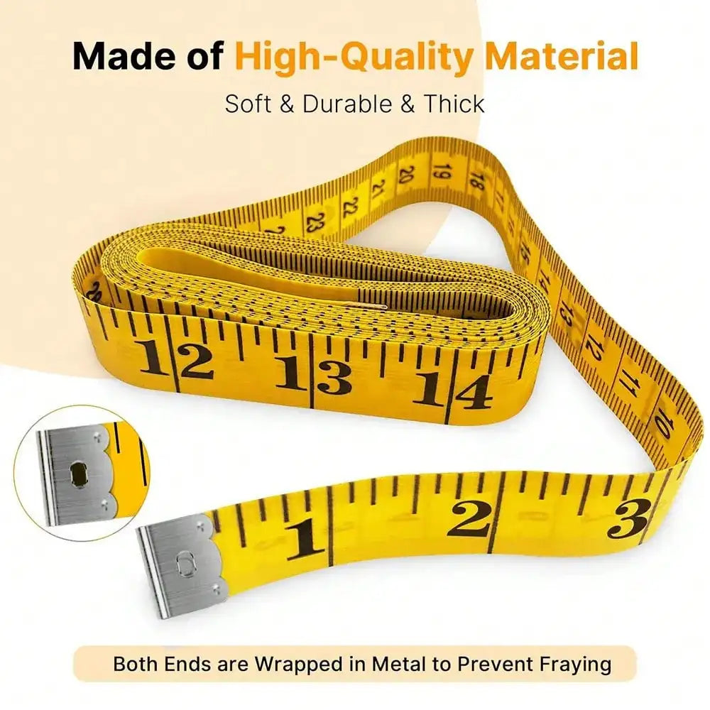 Yellow flexible measuring tape shown with various scales and ends wrapped in metal.