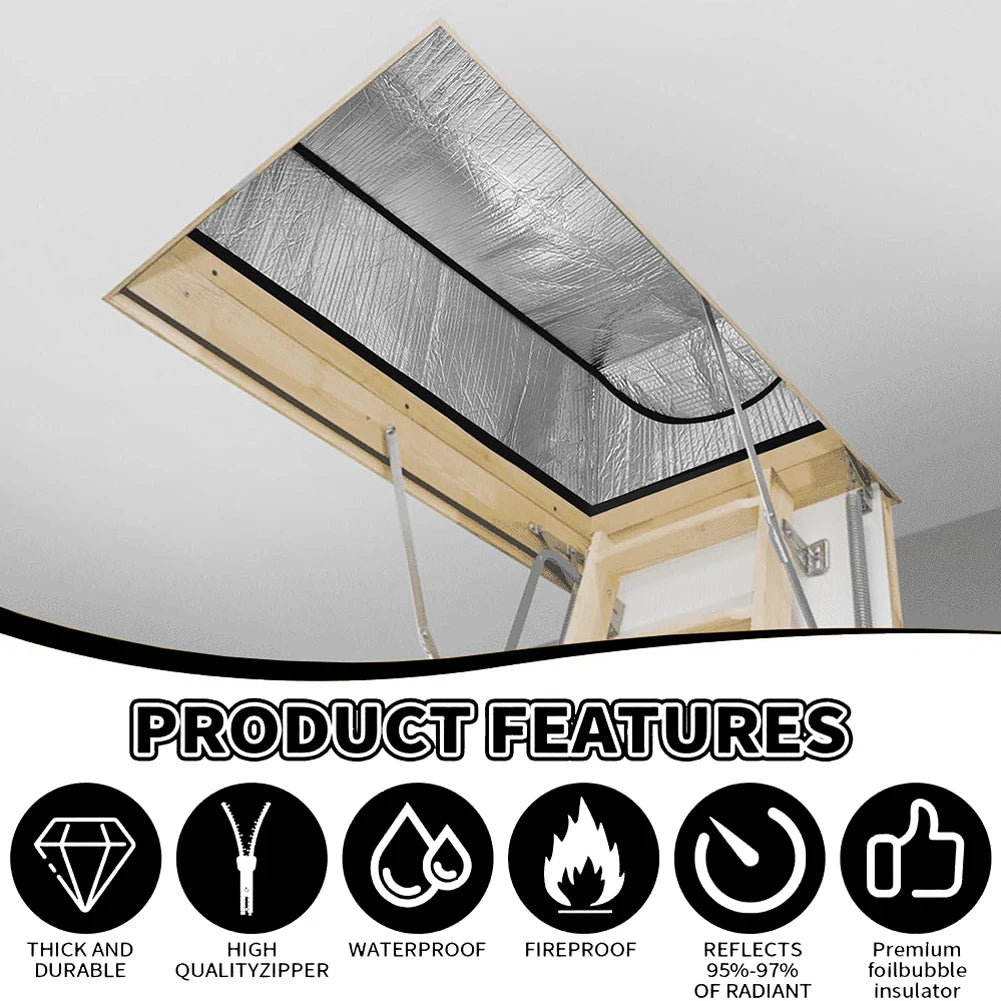 A close-up view of an attic stairway insulation cover with a silver foil barrier and wooden framing.