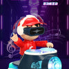 A red cartoon character wearing headphones and a baseball cap is positioned on an electronic DJ toy with glowing lights.