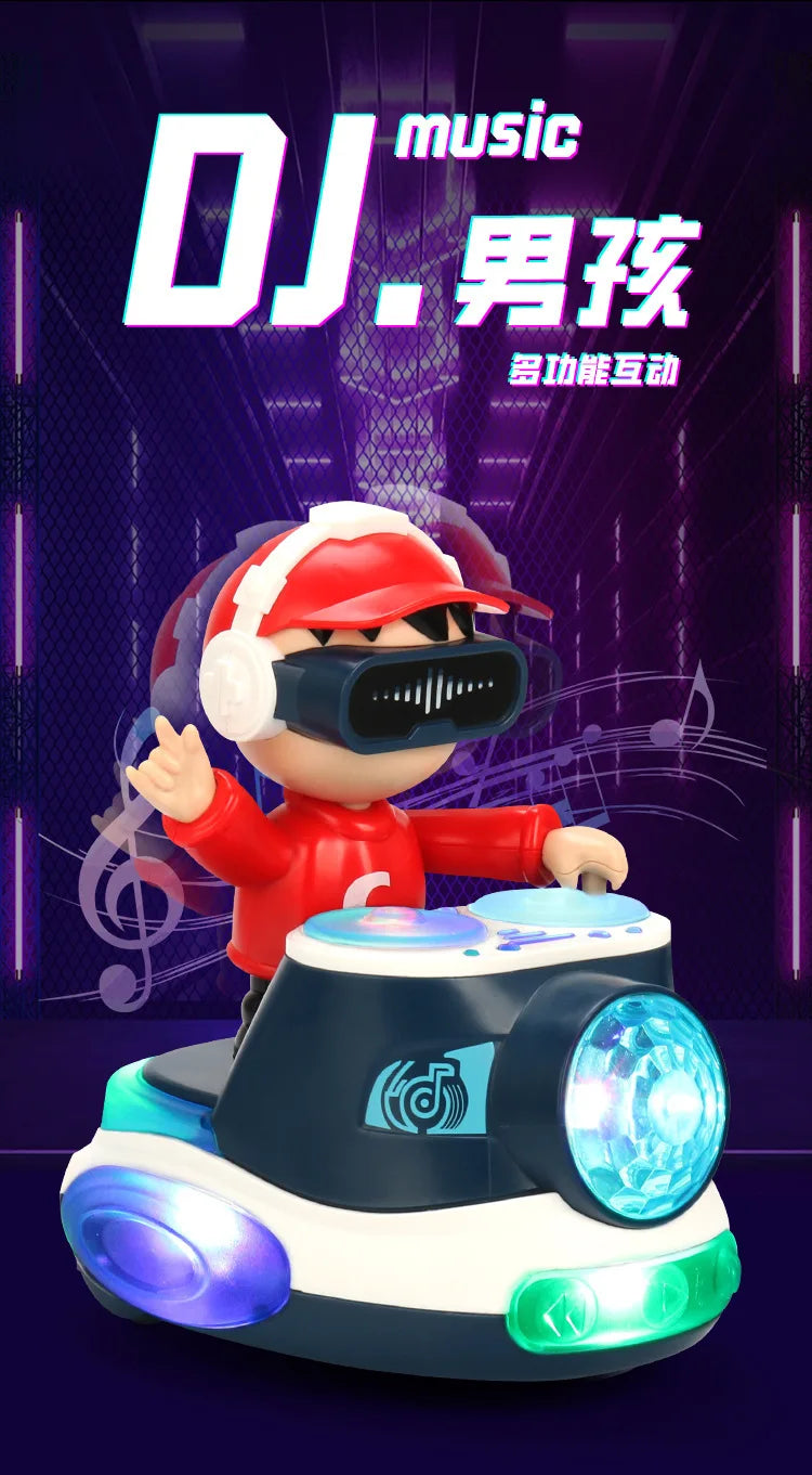 A red cartoon character wearing headphones and a baseball cap is positioned on an electronic DJ toy with glowing lights.