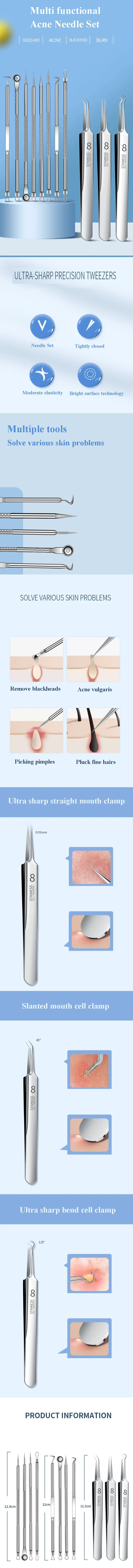 Stainless steel acne and blackhead removal tool set with various precision tweezers and clamps