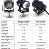 Three views of a motorcycle LED projector headlight showing frontal, side, and back angles with technical specifications.