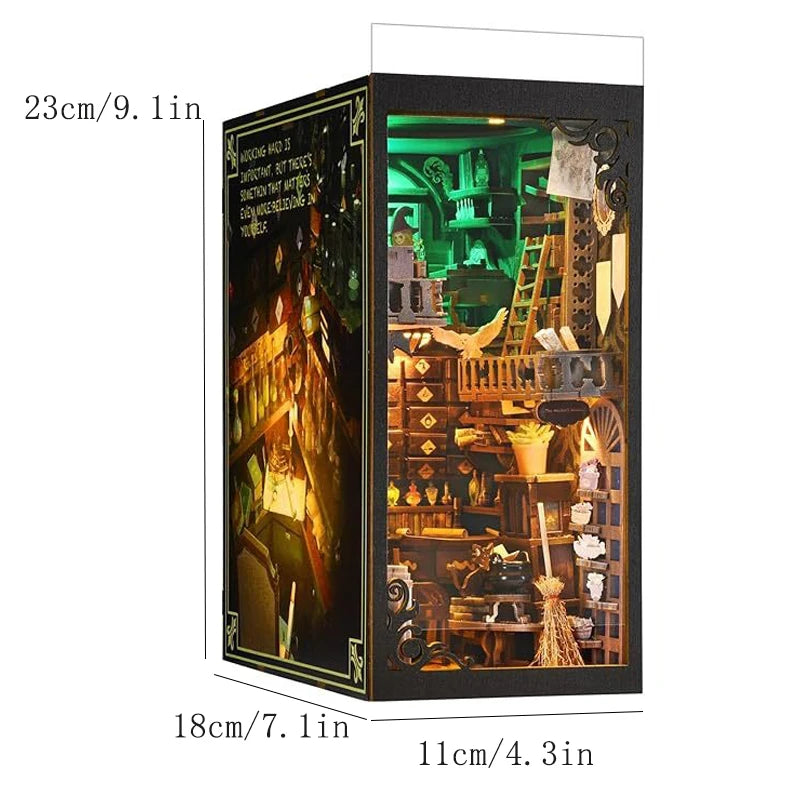 A dark wooden book nook kit featuring a detailed miniature house scene with lighting and decorative elements.