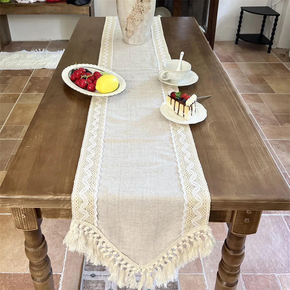 Handcrafted Macrame Lace Table Runner with Tassels – Beige