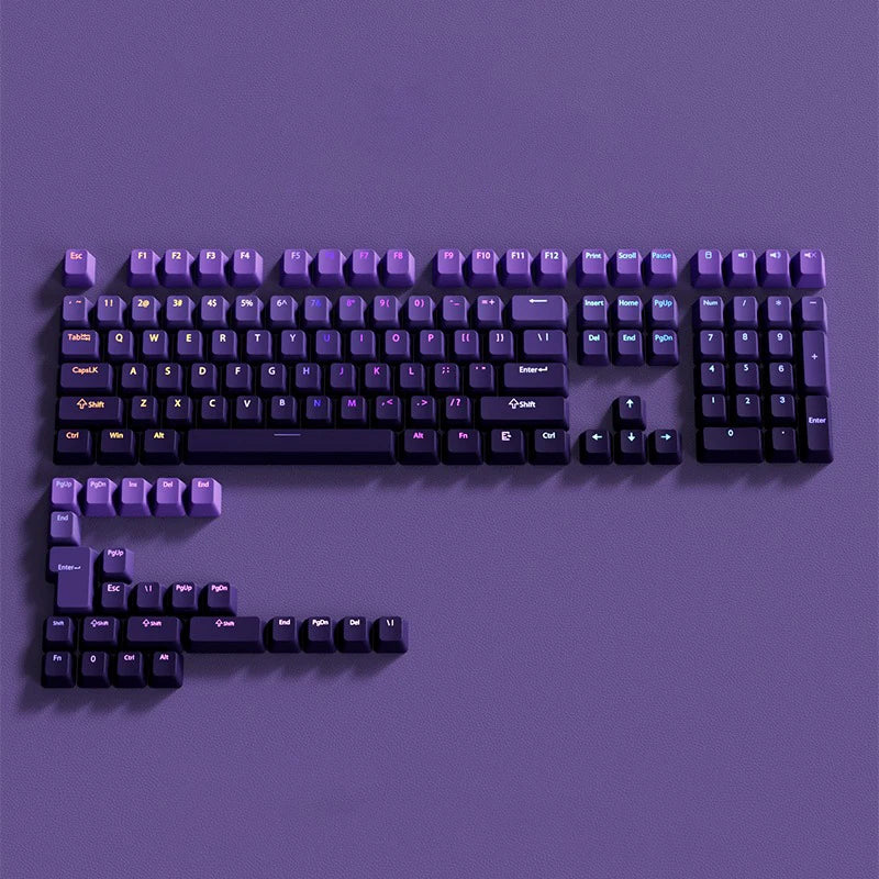 A close-up photo of a purple PBT double-shot keycap set with gradient colors displayed on a dark surface.
