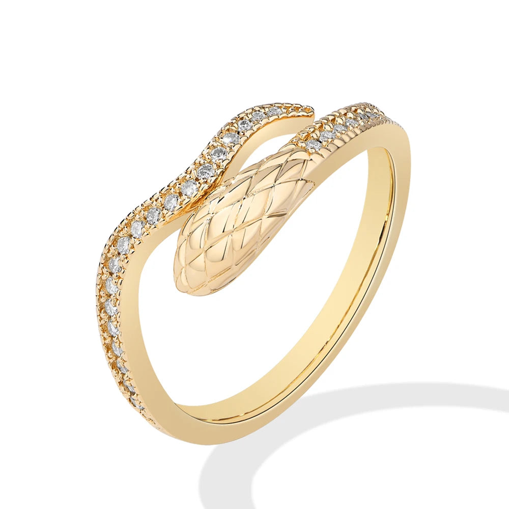 Gold ring with a snake design featuring clear moissanite stones.
