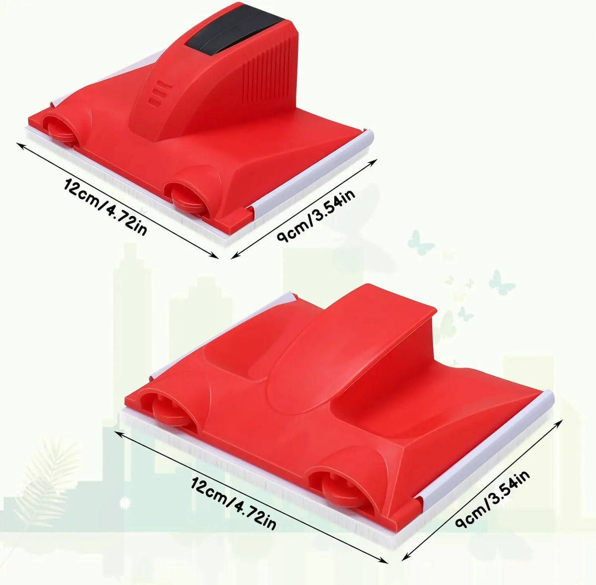 A red paint edger tool with a flat base and angled edge, shown from above.