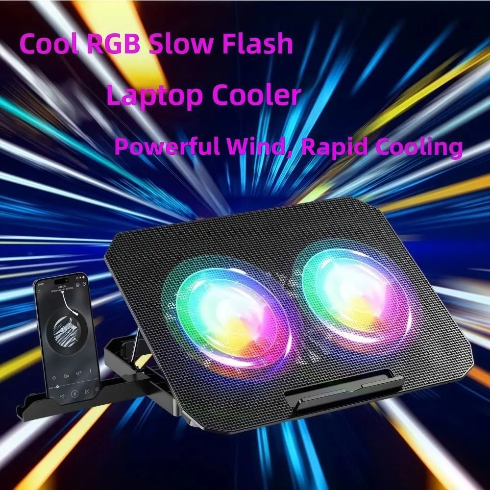 Adjustable RGB Laptop Cooling Pad with Dual Fans and Phone Holder