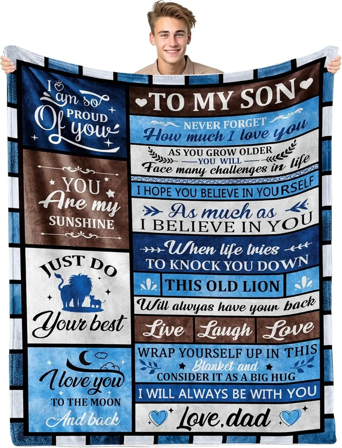 A dark blue fleece throw blanket featuring inspirational text for a son including love and pride messages