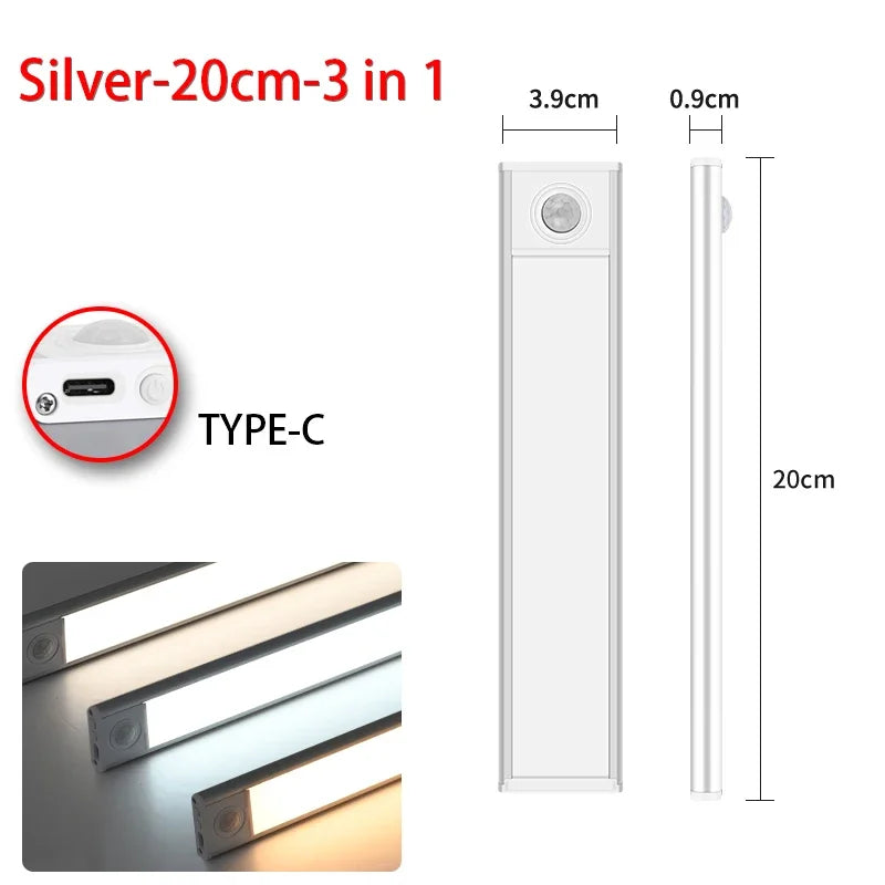 Silver 20cm 3 in 1 rechargeable LED motion sensor light with Type-C charging port and adjustable height.