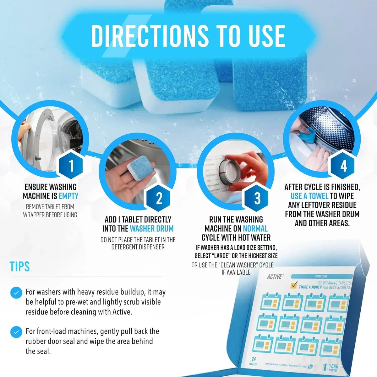 Directions to use washing machine cleaning tablets showing steps for proper usage