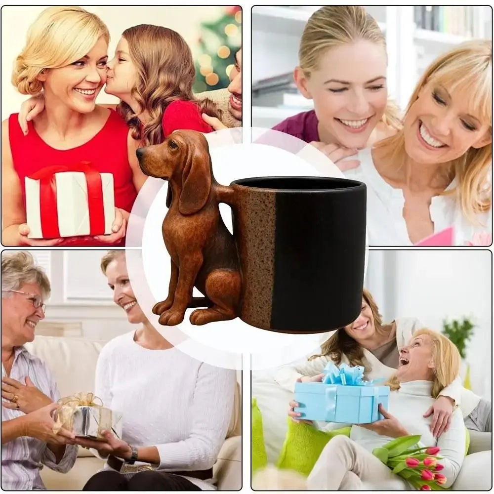 A brown dachshund coffee mug with a 3D puppy handle is shown in various contexts.