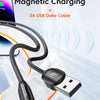 A black magnetic charging cable with a USB connector is shown next to a smartphone.