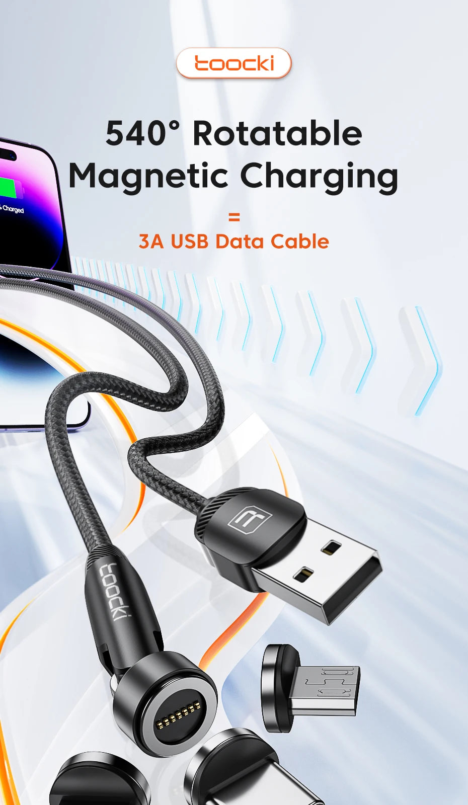 A black magnetic charging cable with a USB connector is shown next to a smartphone.