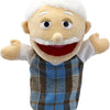 A soft hand puppet with a white fluffy head and a plaid blue tartan shirt.